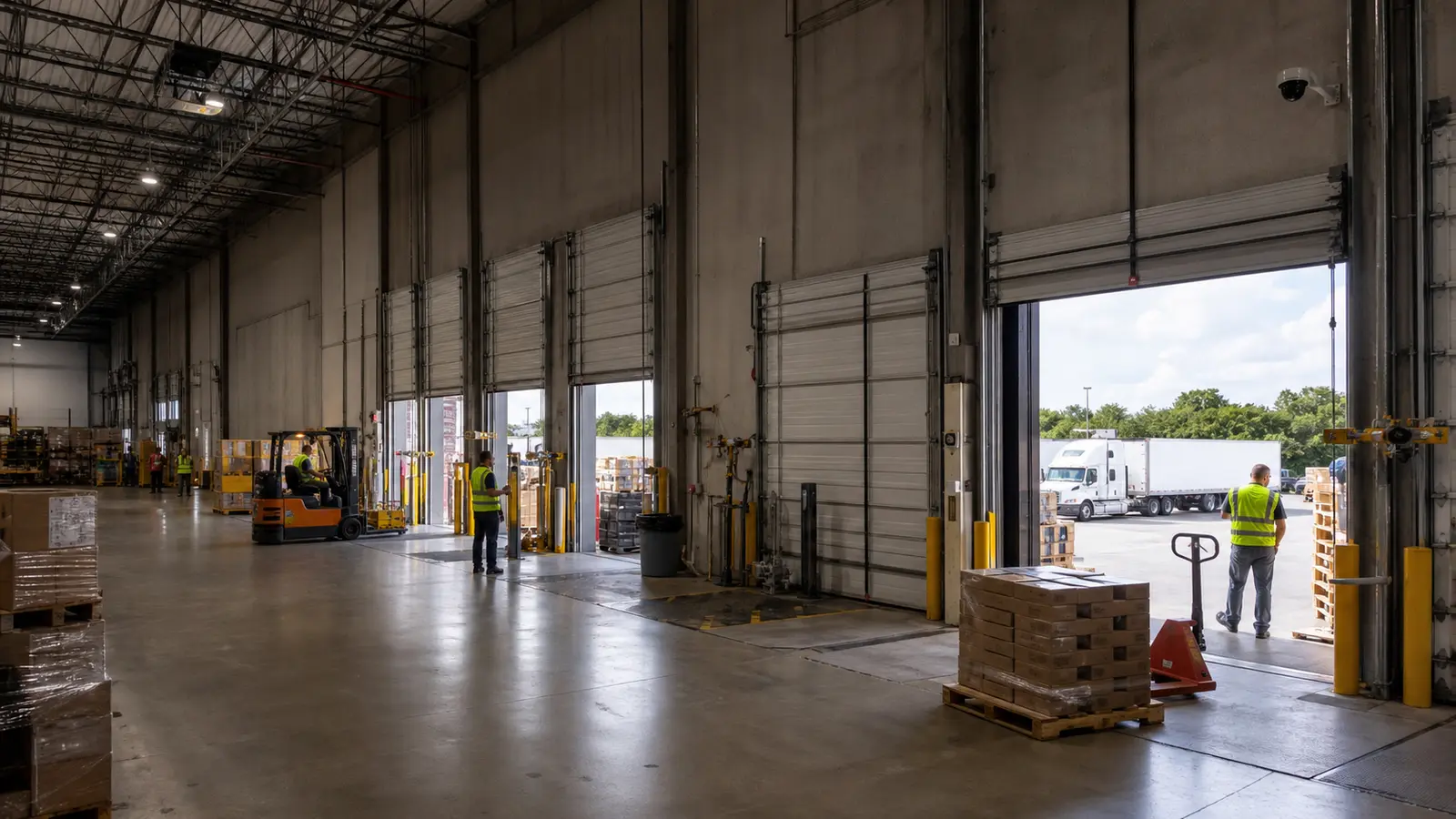Active warehouse loading docks, pallet staging, and high-bay camera coverage