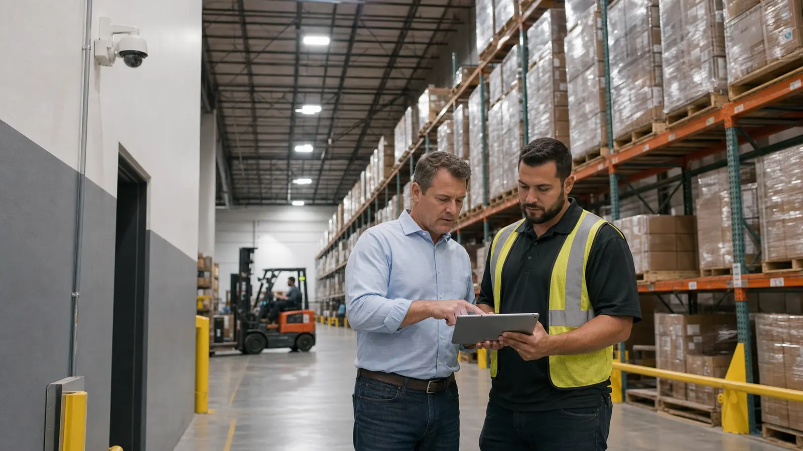 Warehouse supervisor and technician reviewing camera coverage in an active storage aisle