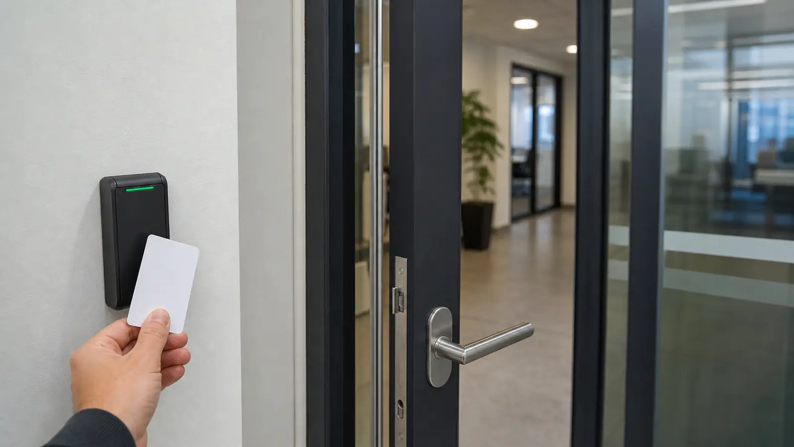 Credential presented to a commercial access reader as the secured door opens