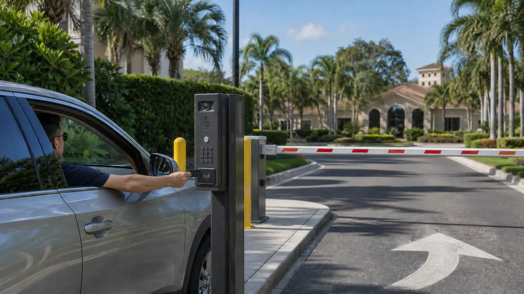 Resident presenting one access credential to an intercom pedestal before a closed condominium barrier gate