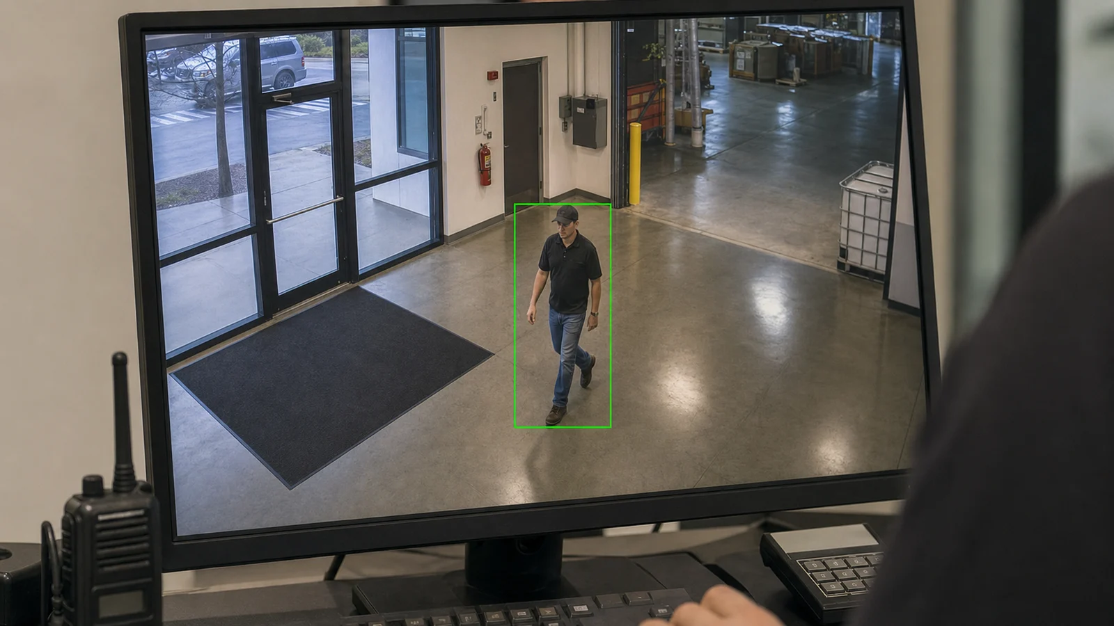 Commercial CCTV analytics monitor detecting a person in a Tampa property