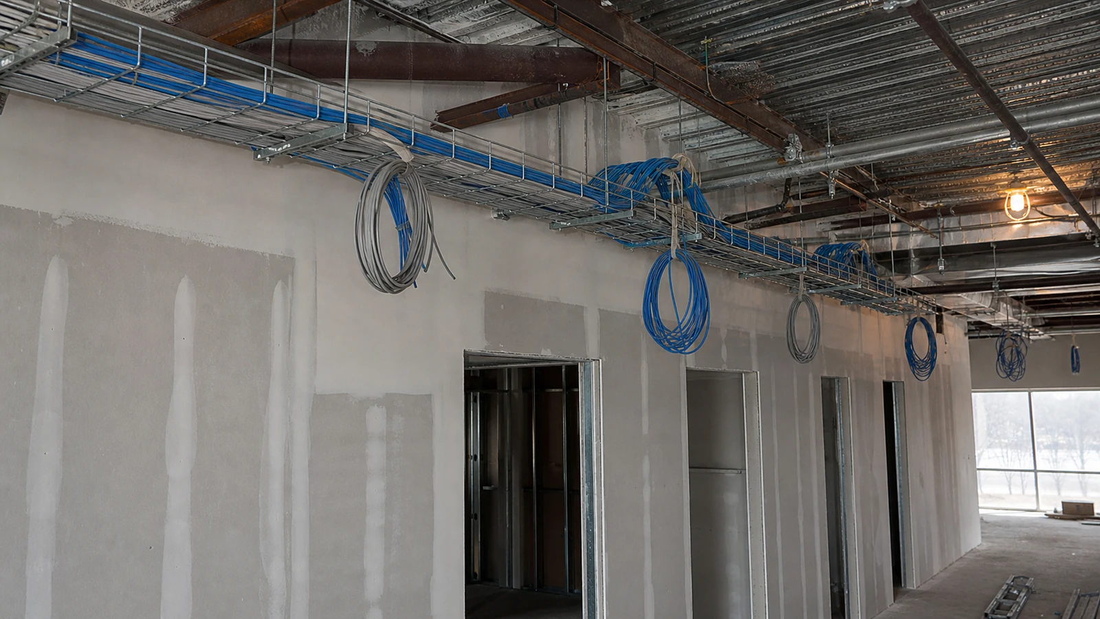 Organized Cat6 and Cat6A cabling routed through a commercial cable tray