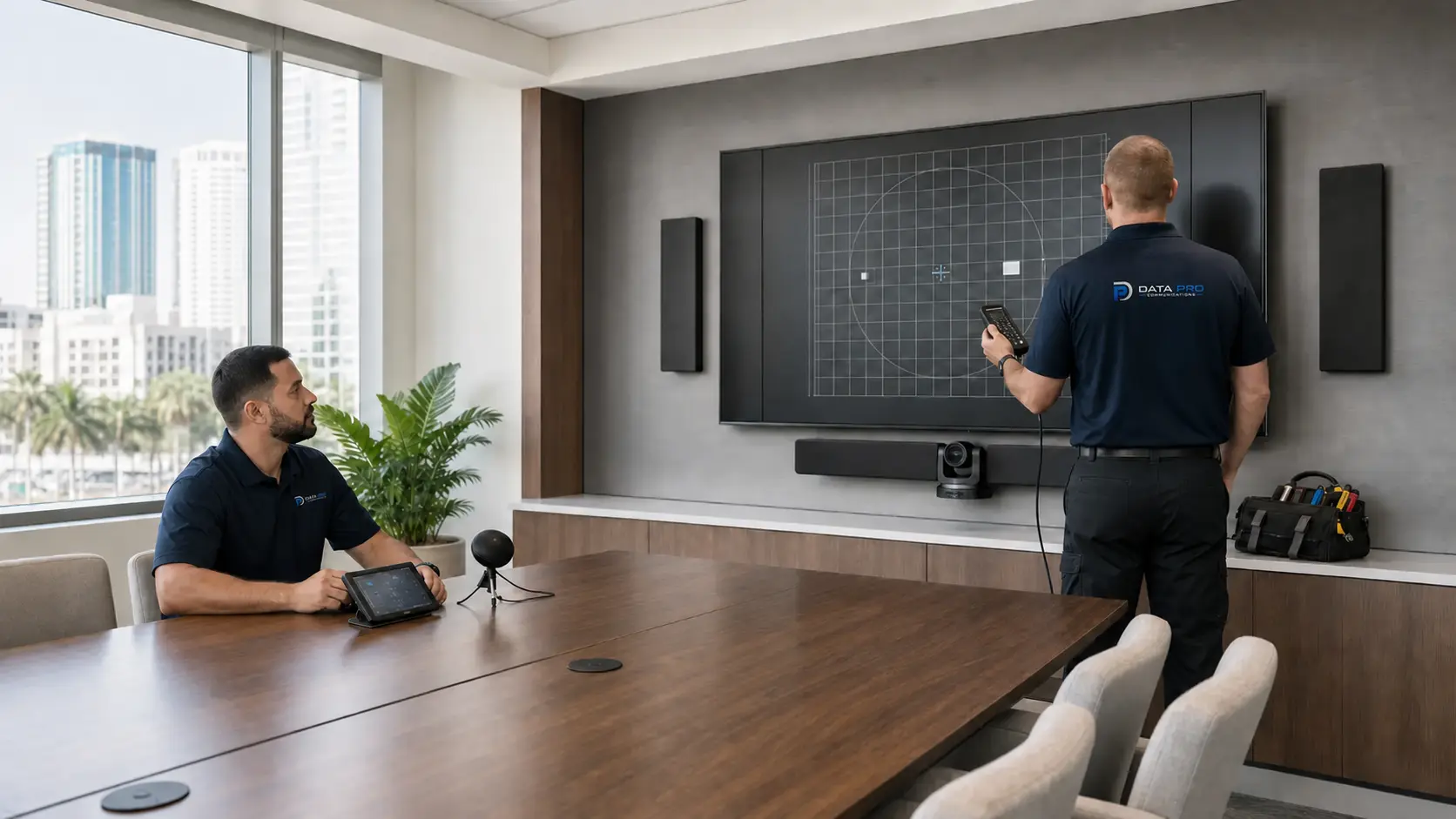 Data Pro Communications technicians calibrating a commercial conference room display, camera, and audio system