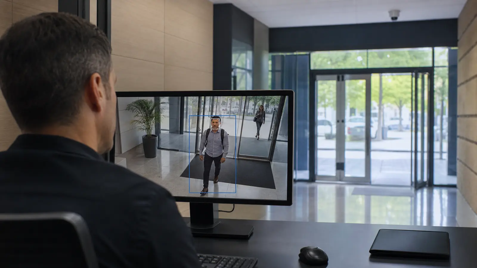 Commercial CCTV operator reviewing a live camera feed with person detection at a secured lobby entrance
