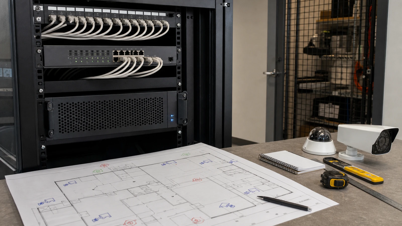 Commercial CCTV recorder, cameras, and layout documentation for a Tampa property