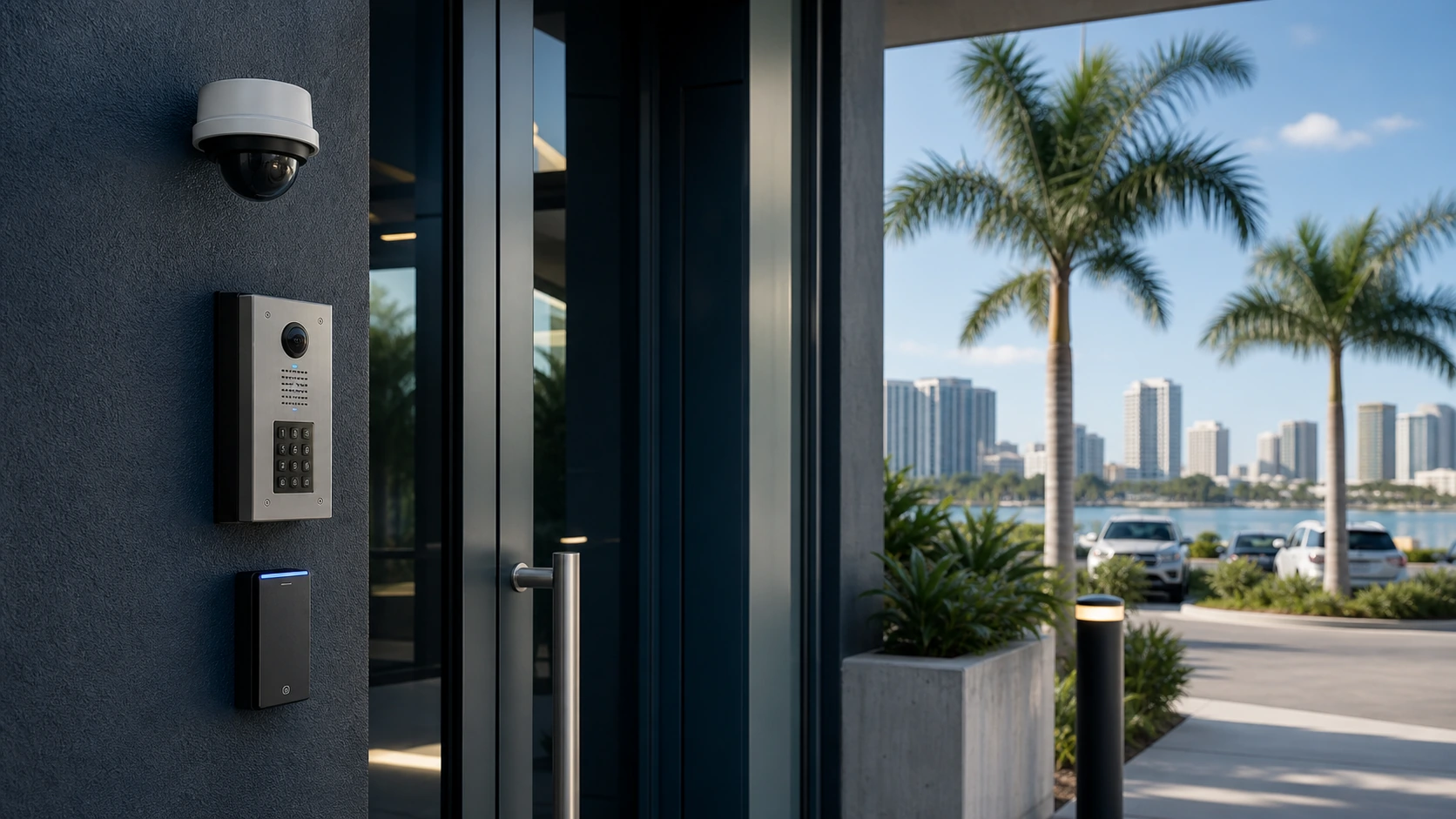 Coordinated commercial security system at a Tampa business entrance