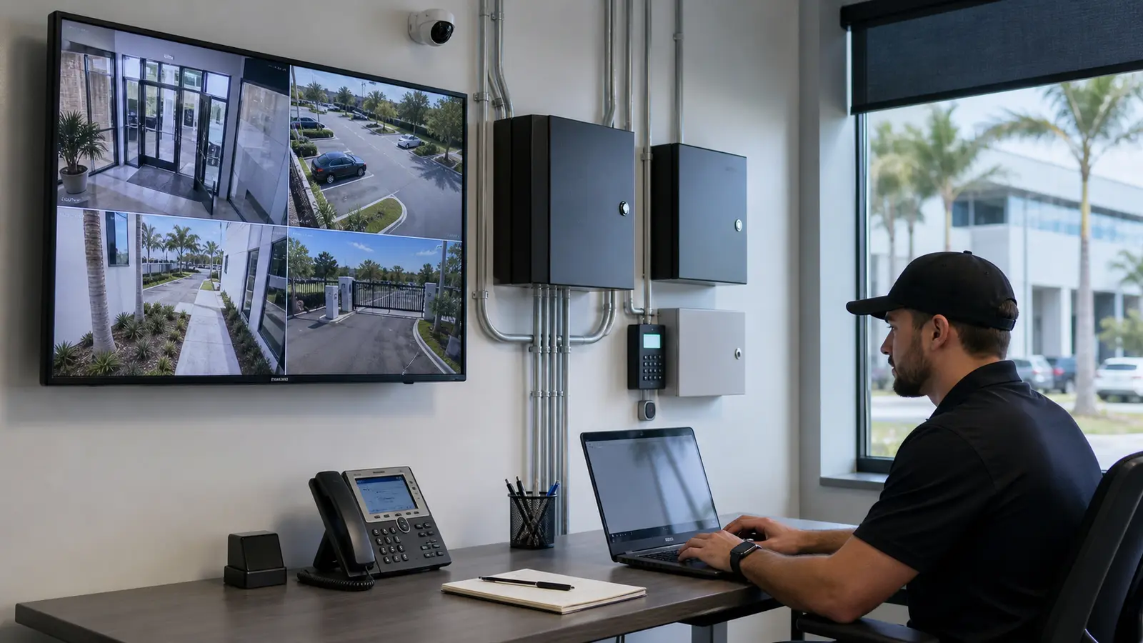 Technician testing integrated commercial security monitoring and access-control systems