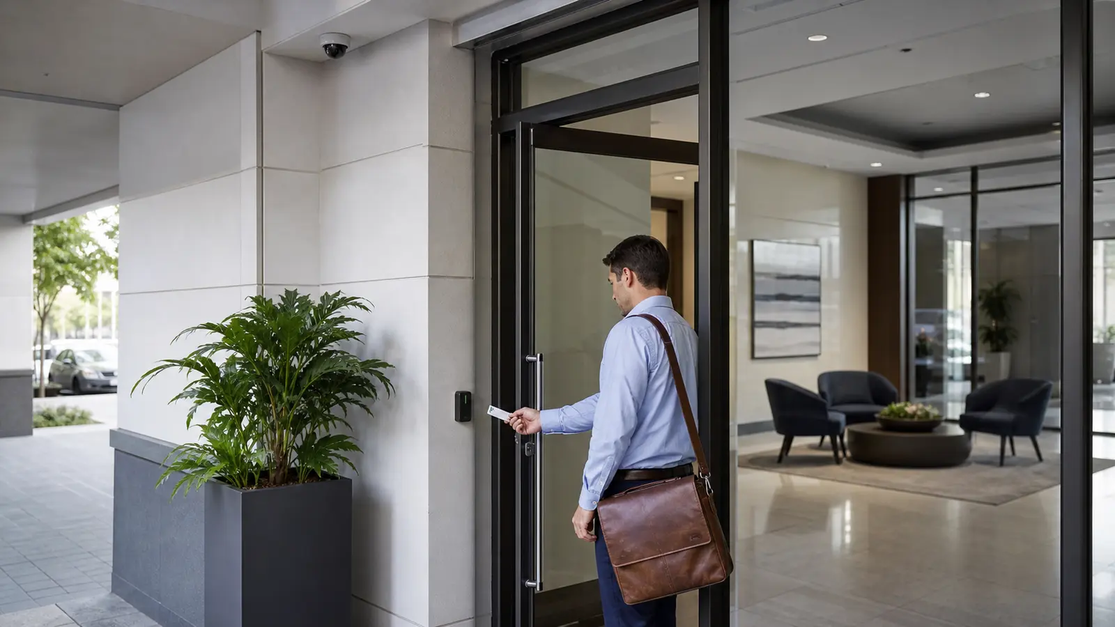 Employee using one card reader at a camera-covered Tampa commercial entrance