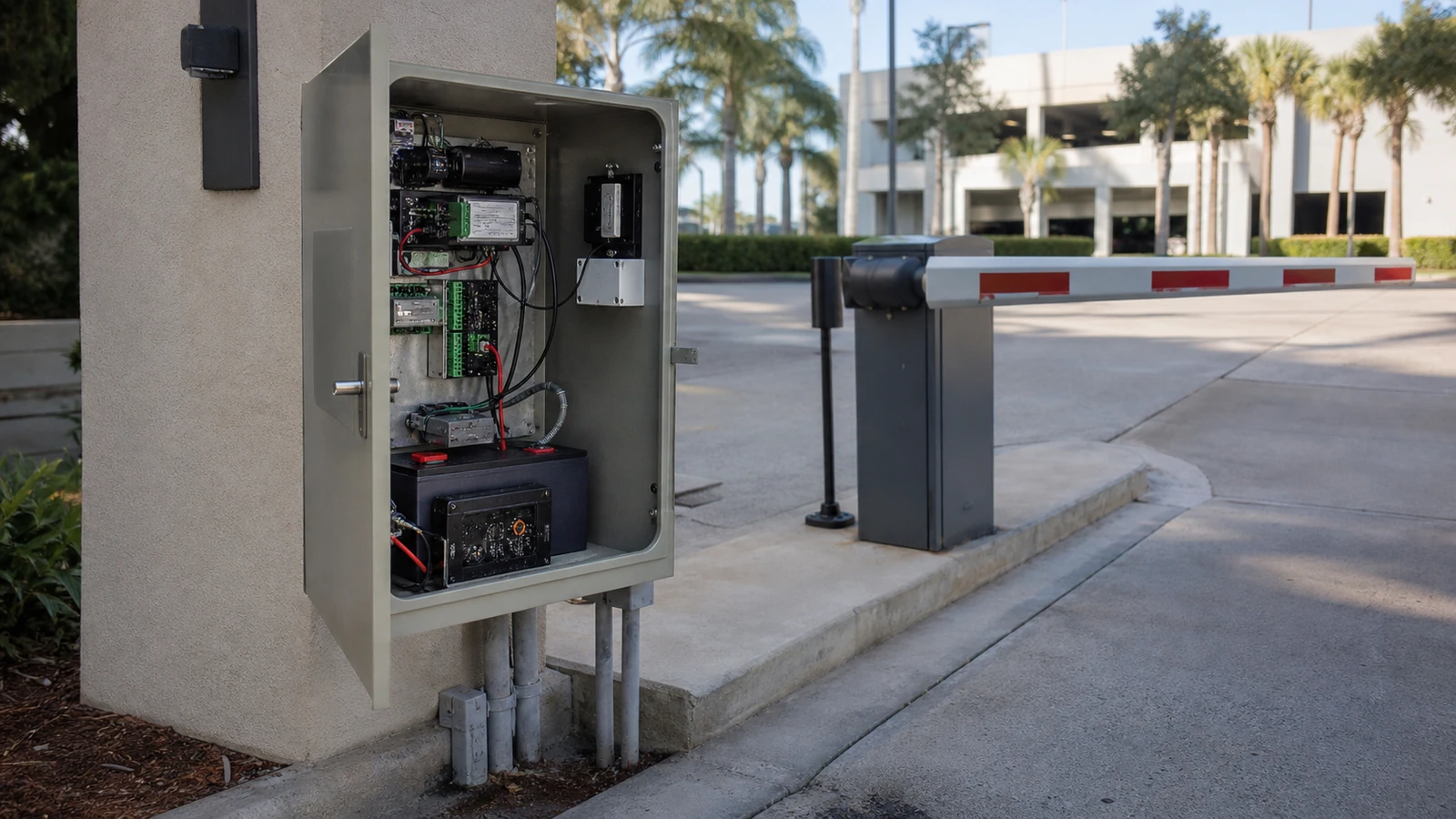 Gate and Entry Systems low-voltage components with labeled cabling