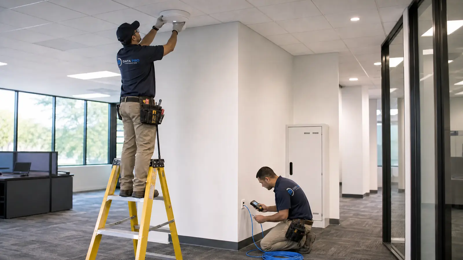 Network technician installing a commercial wireless access point and terminating a data jack