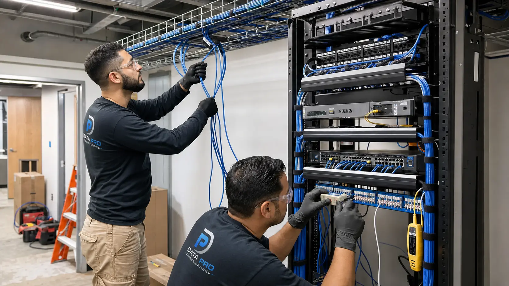 Commercial network technicians routing labeled Cat6 cabling and terminating a patch panel