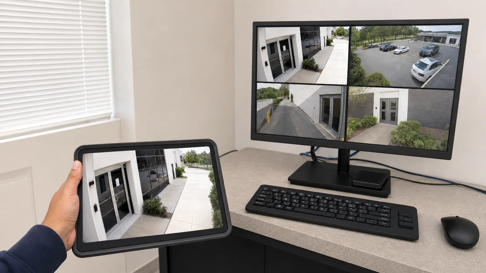 Facility manager viewing one commercial security camera feed on a tablet