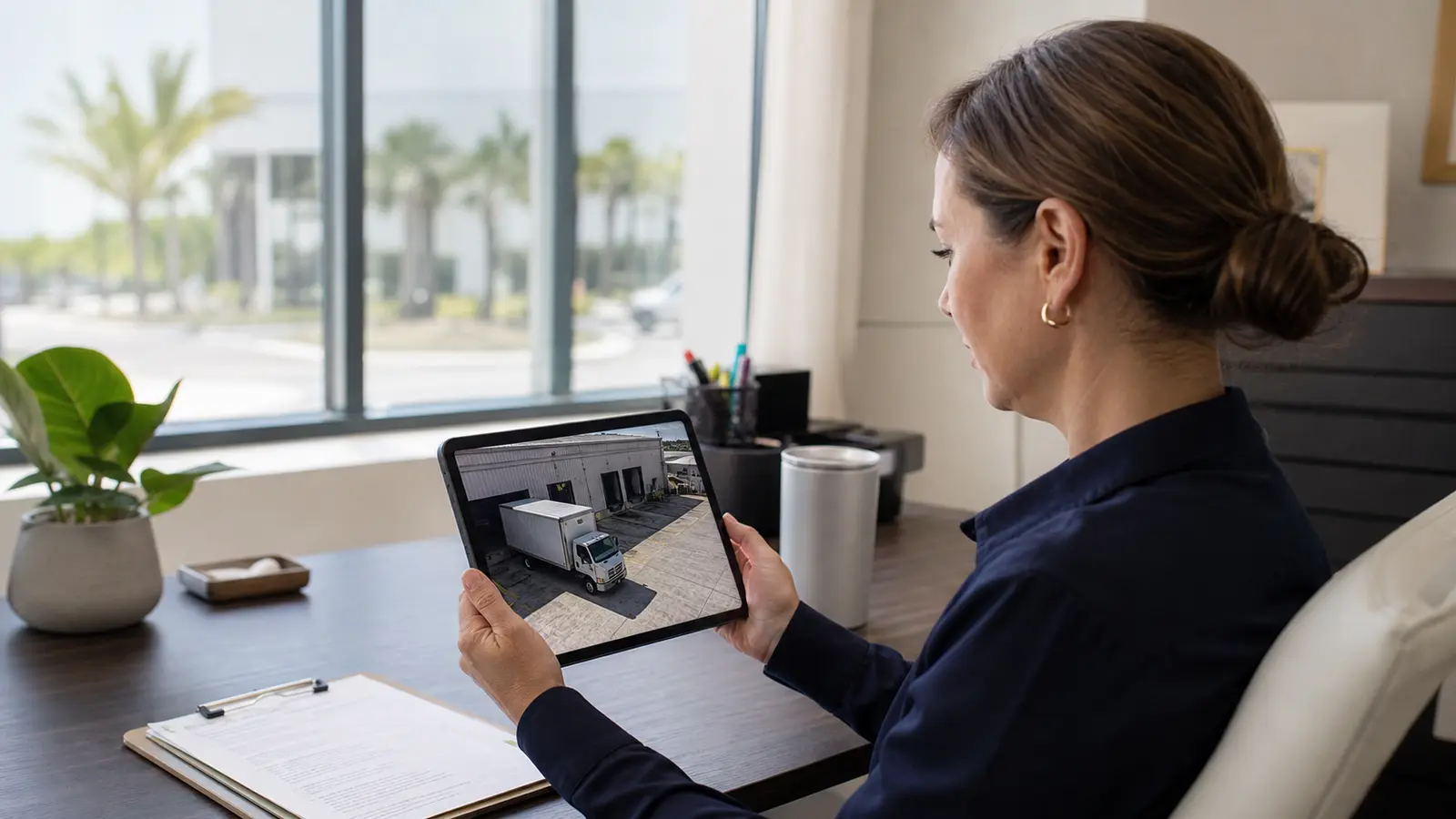 Tampa Bay property manager remotely viewing a loading dock camera on a tablet