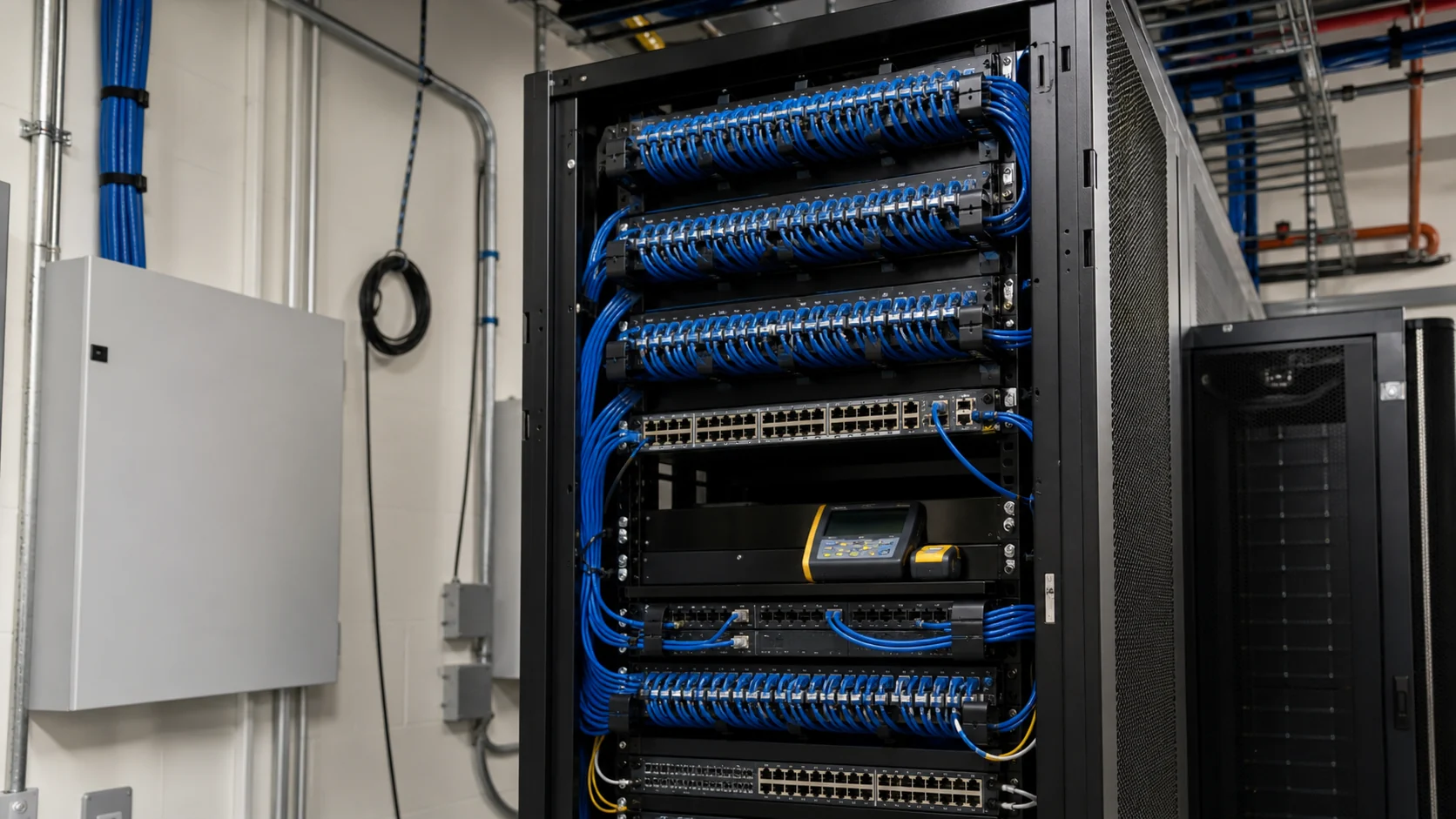 Organized Cat6 patch panels and network equipment supporting commercial data and voice connections