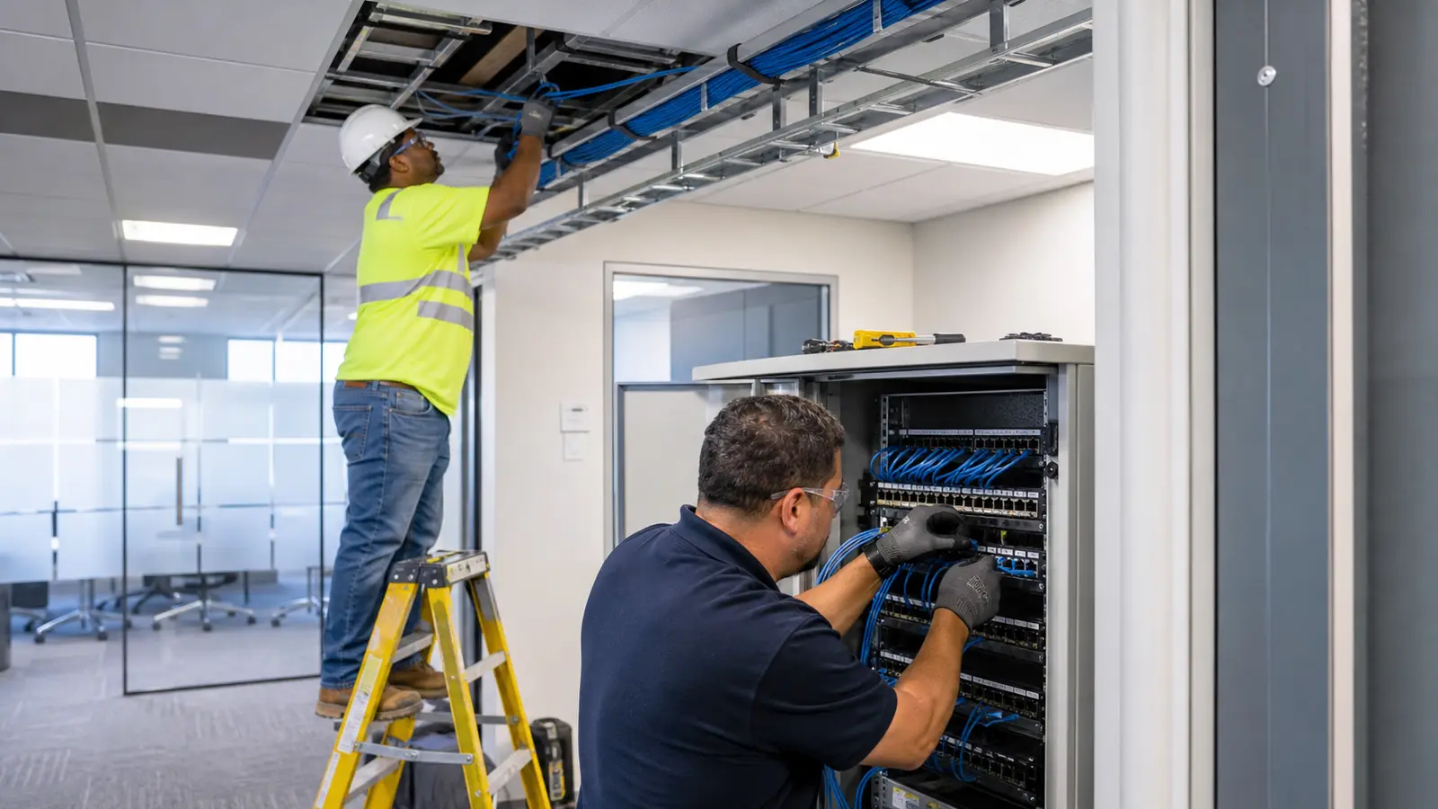 Structured cabling technicians installing and testing commercial data cables above a Tampa office ceiling