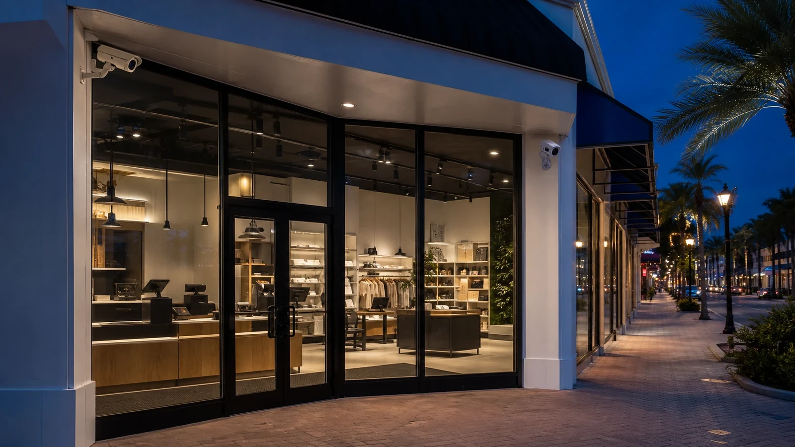 Exterior security camera coverage at a historic commercial storefront
