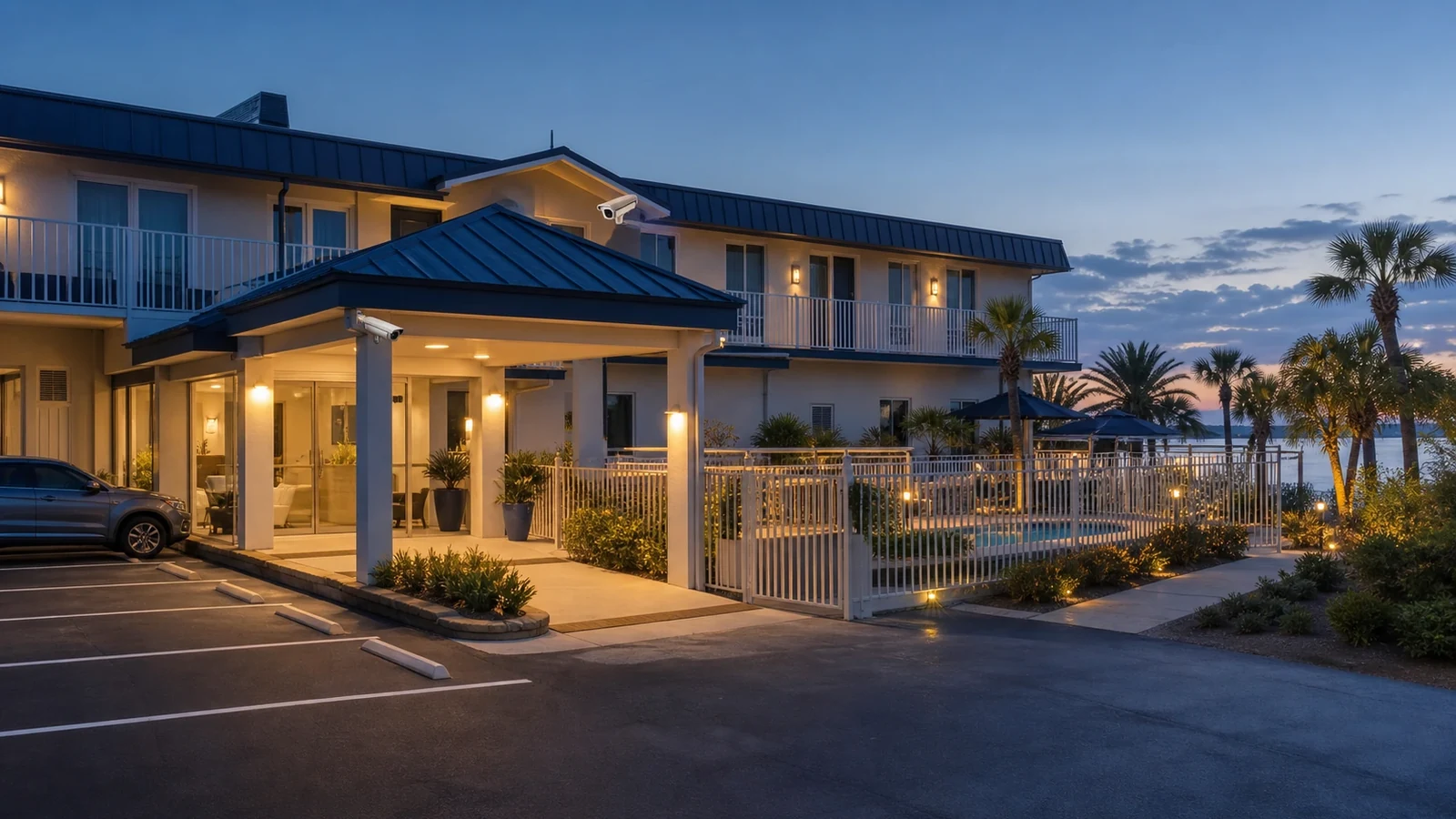 Exterior security camera coverage at a waterfront hospitality property