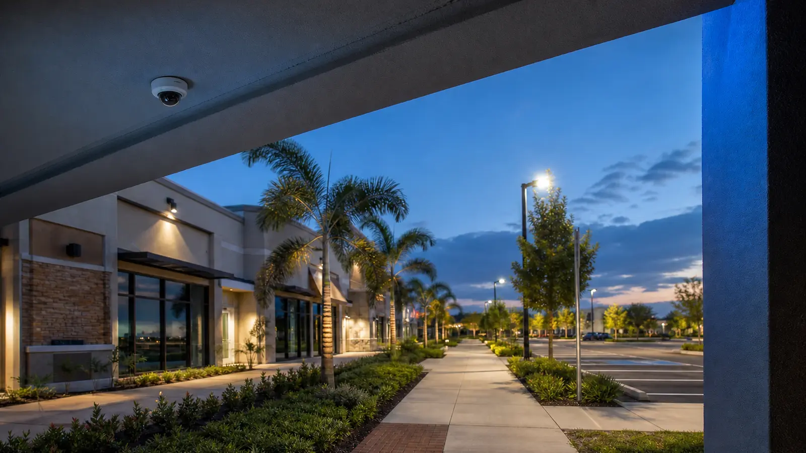Representative security camera coverage for a Plant City commercial corridor with storefront sidewalks and after-hours lighting