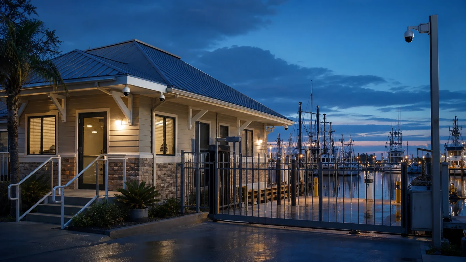 Exterior security camera coverage at a marina-adjacent business
