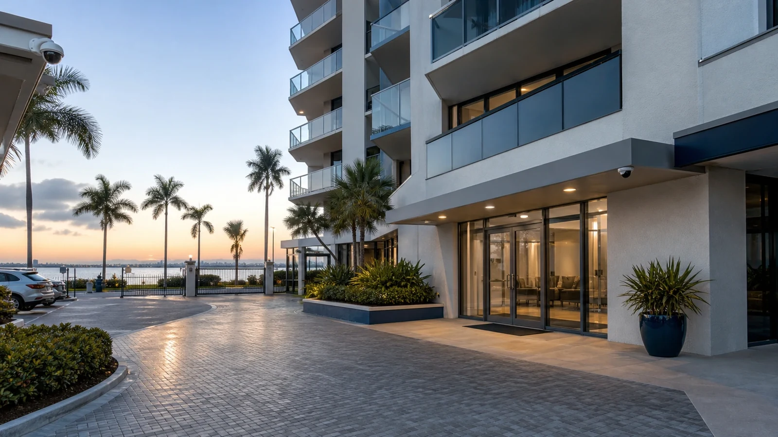 Exterior security camera coverage at a waterfront hospitality property