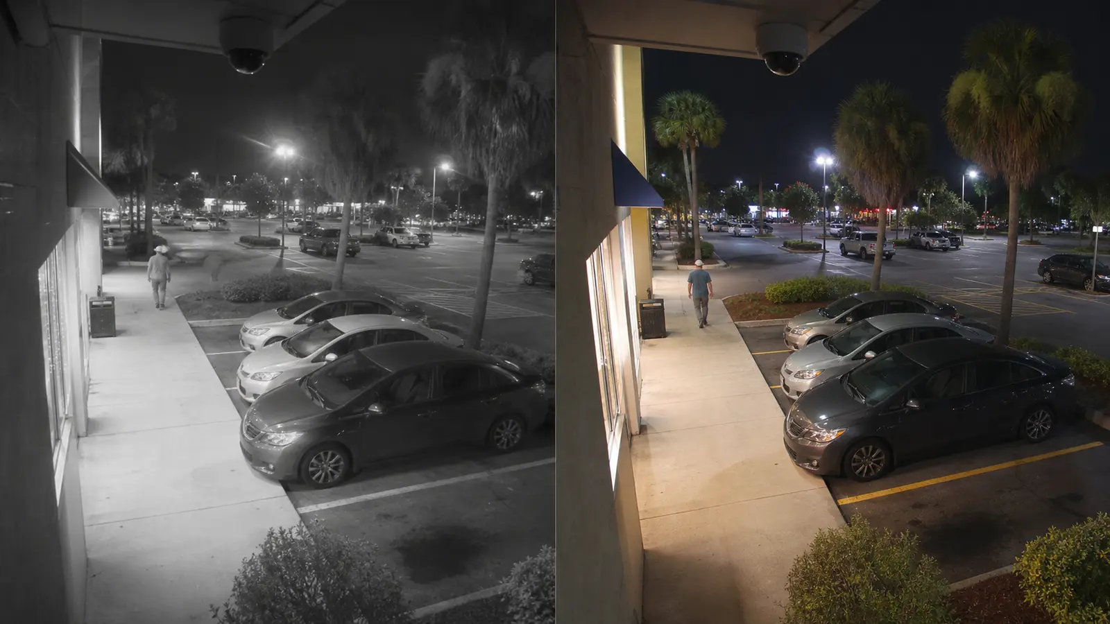 Same commercial parking area compared in monochrome and full-color low-light video
