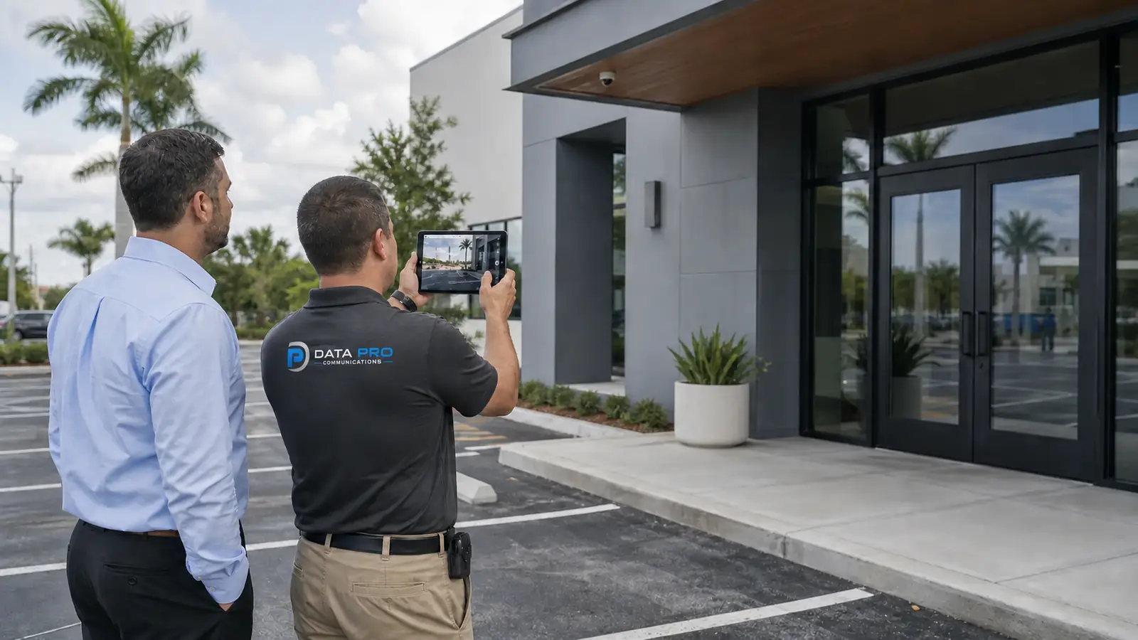 Facility manager and technician verifying the view from one camera at a Tampa business entrance