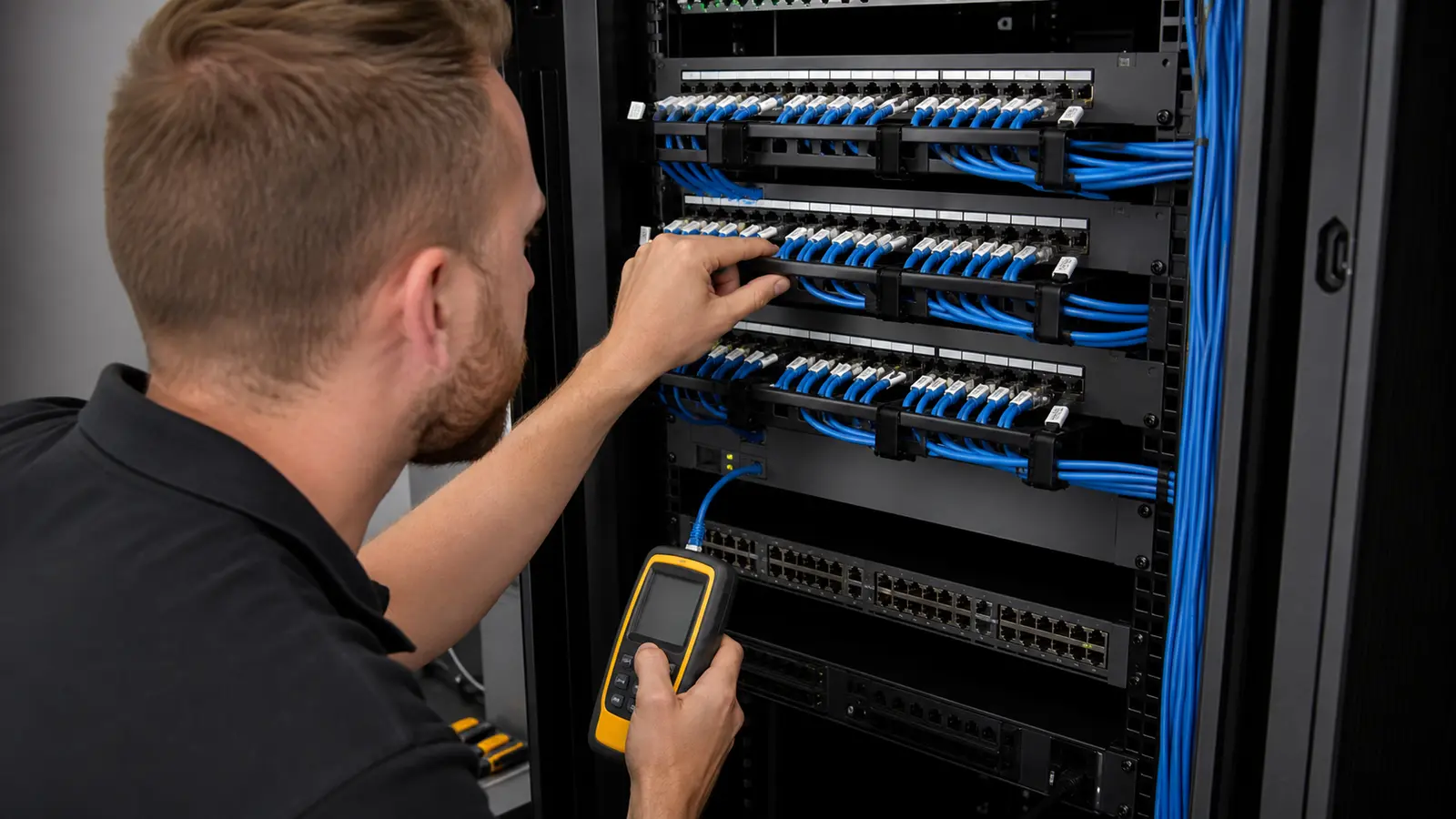 Technician terminating and testing organized Cat6 patch-panel connections