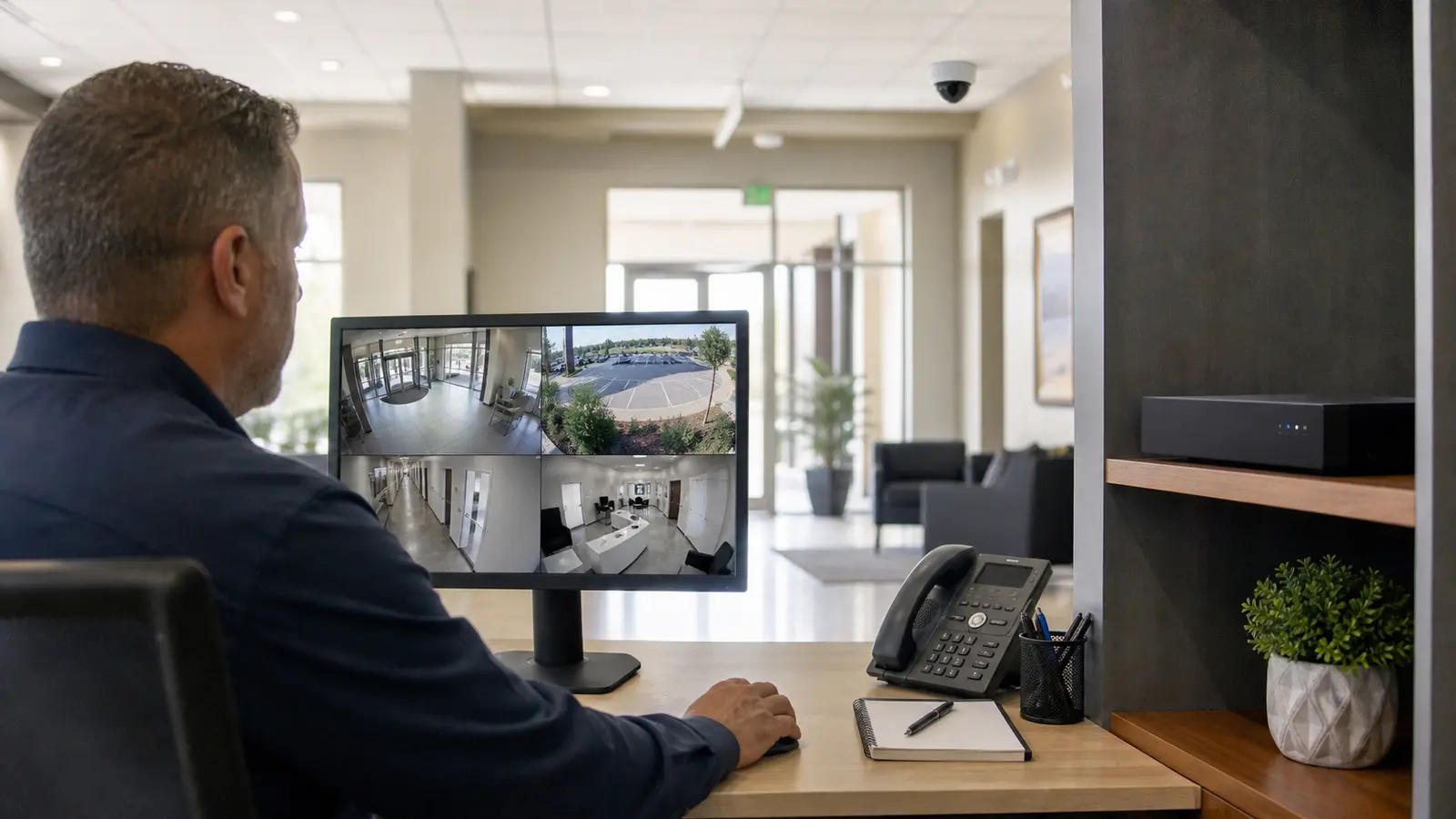 Operations manager reviewing a working commercial CCTV system with camera views and a compact recorder