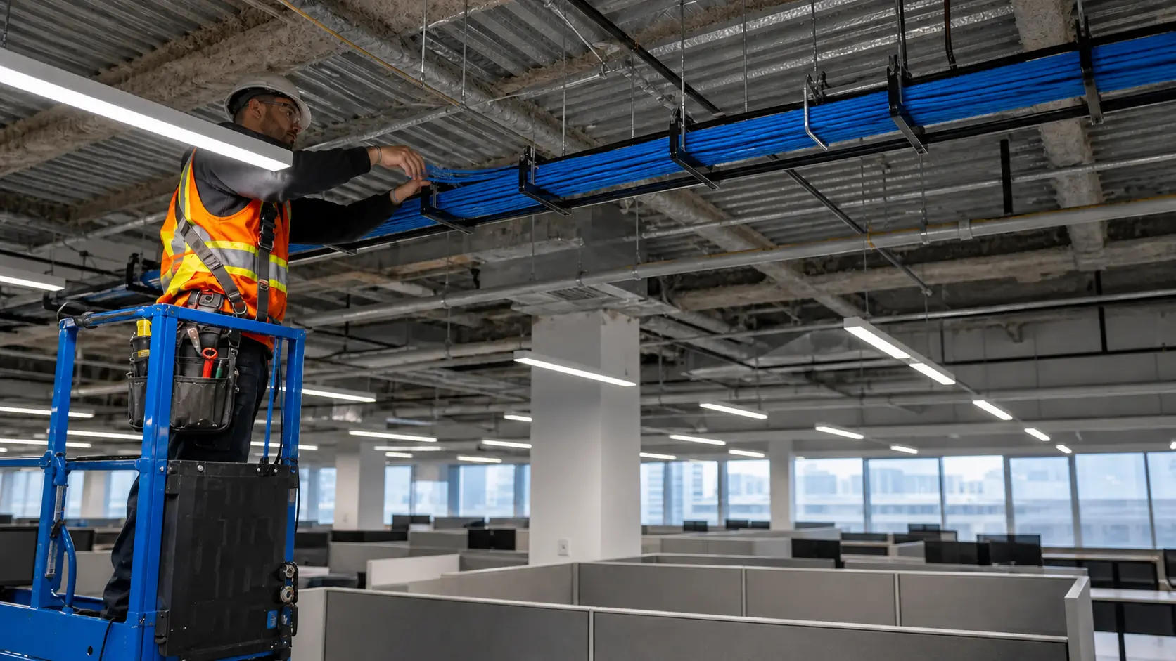 Technician on a lift placing supported commercial data cables into an overhead cable tray