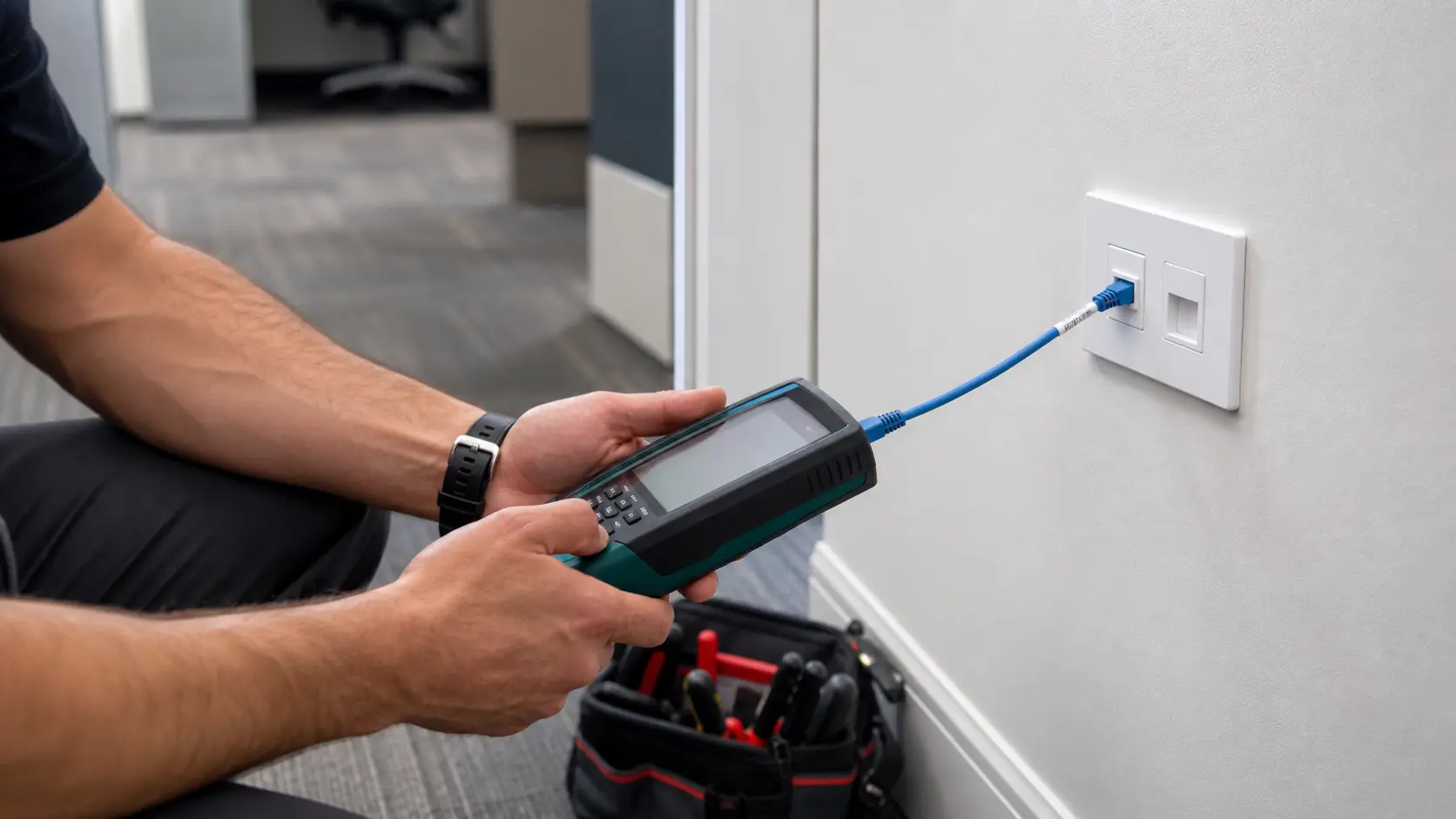 Technician testing a completed commercial Cat6 data outlet with a cable certification tester