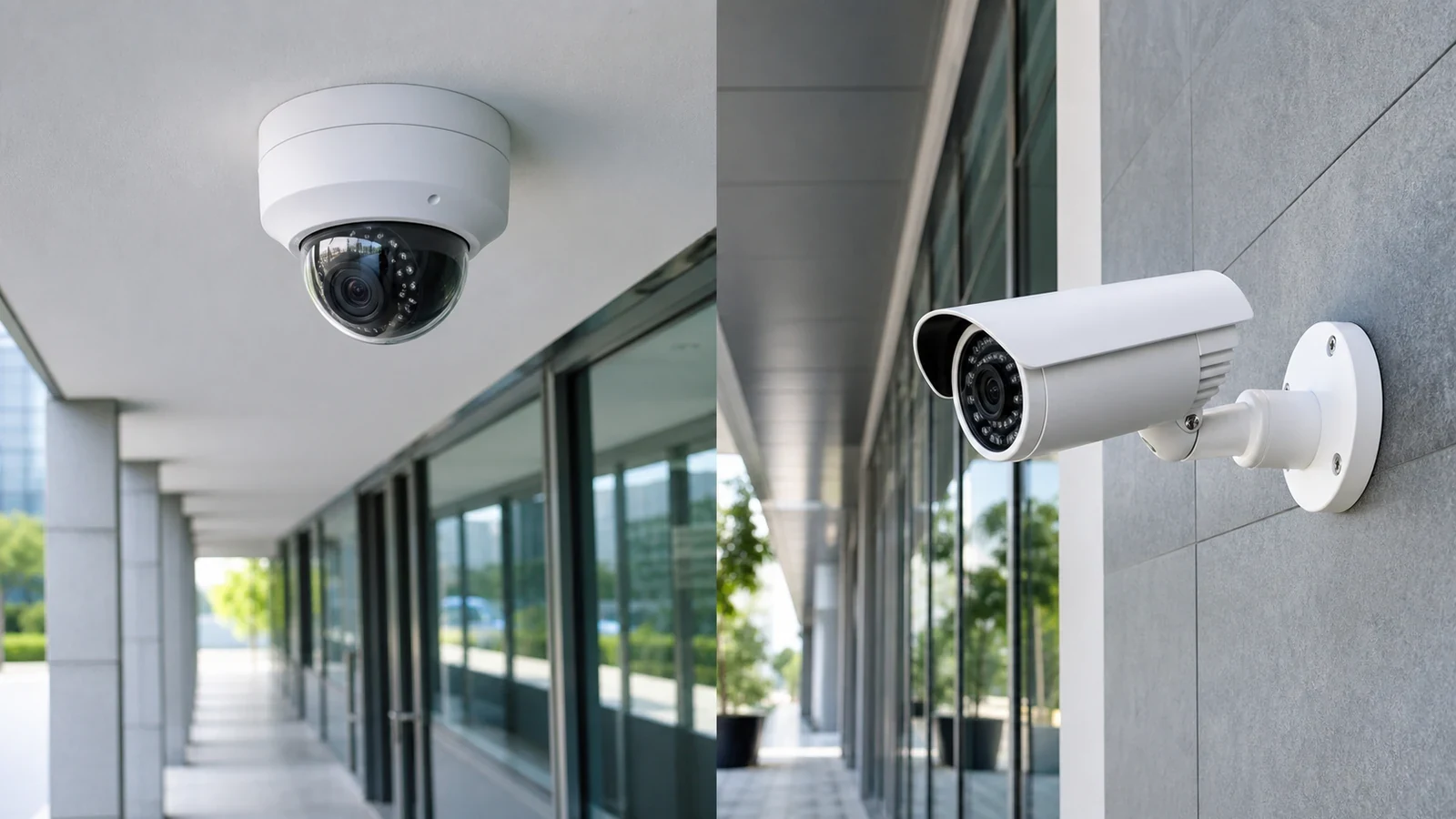 Dome camera at a covered Tampa entrance and bullet camera viewing an exterior parking approach.