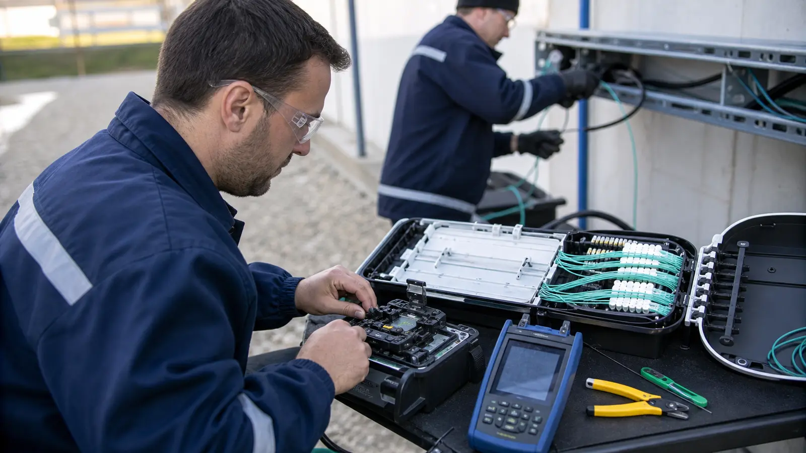 Fiber technicians splicing, organizing, and testing commercial fiber strands