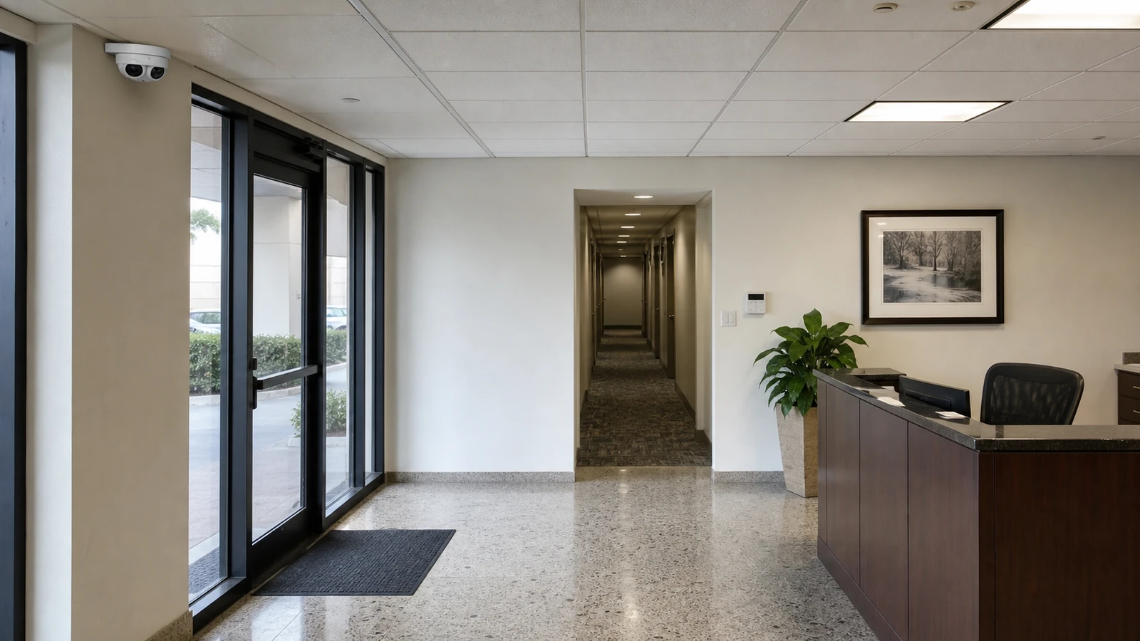 HD security camera planning diagram for a Tampa commercial lobby showing entrance detail, overview coverage and camera field of view.