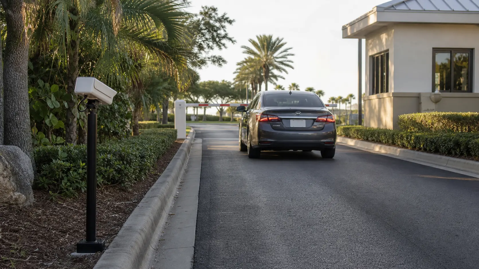Roadside LPR camera capturing the rear plate of a vehicle in an unobstructed Tampa commercial entrance lane