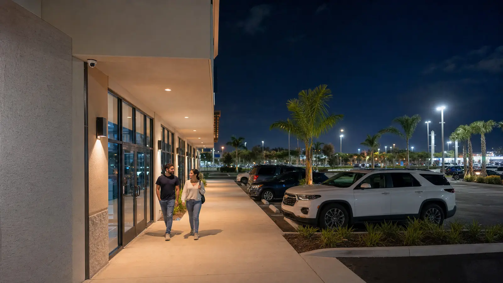 Full-color low-light camera view of people and vehicles at a Tampa commercial property