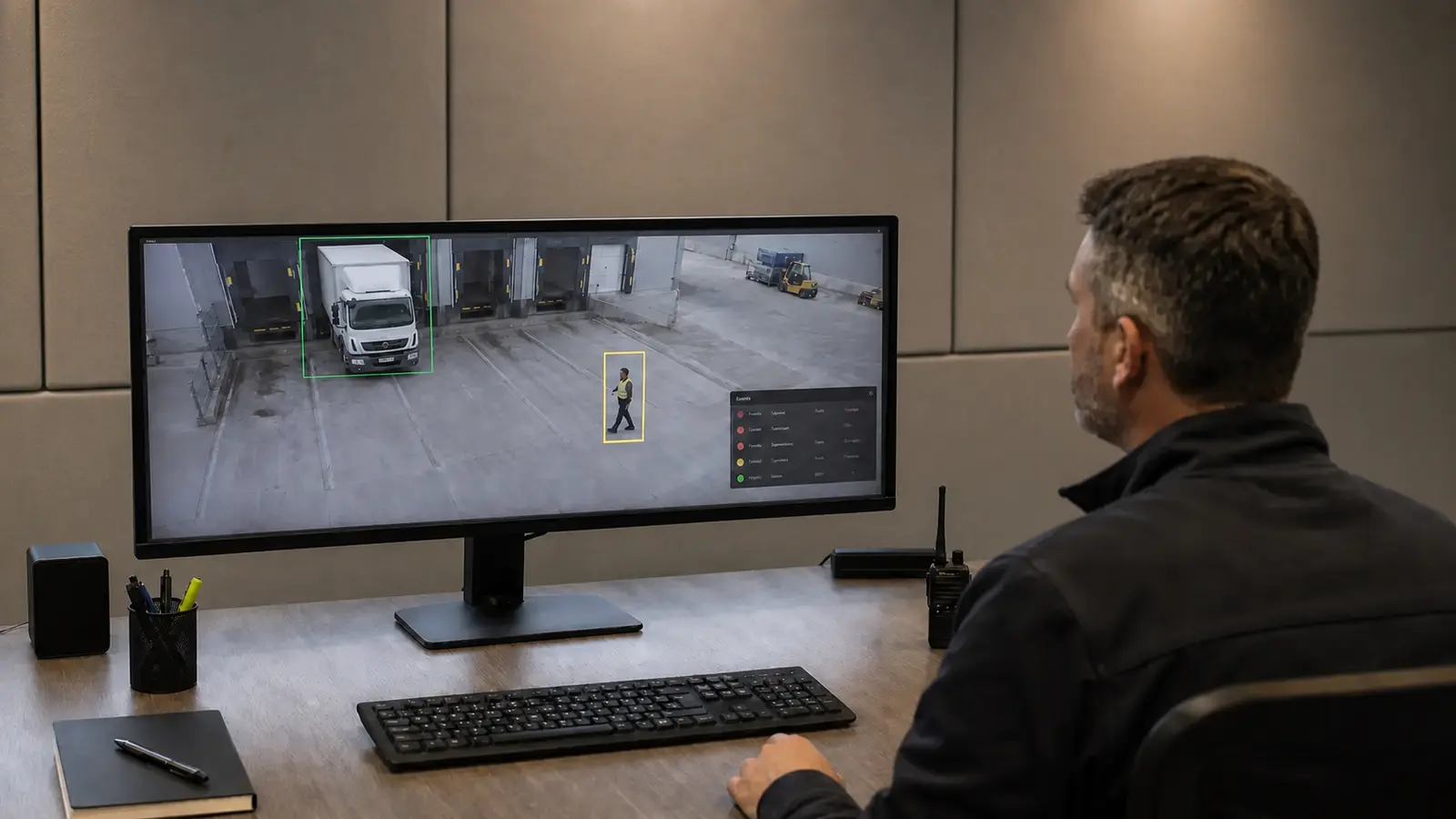 Security manager reviewing AI detection of a front-facing box truck and worker at a warehouse loading area