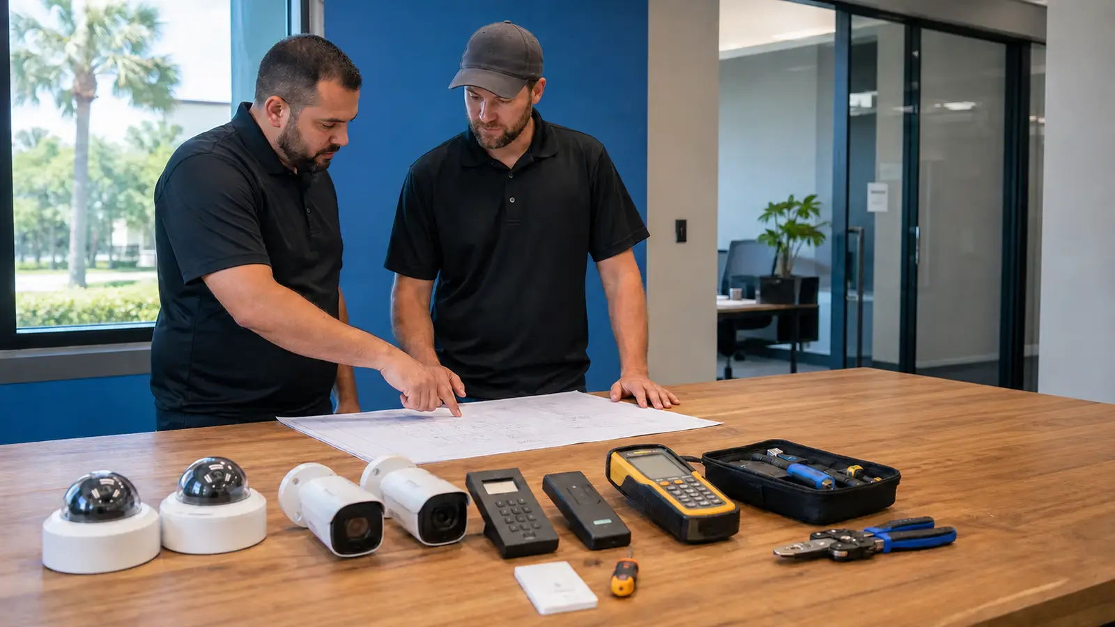Low-voltage project team comparing camera, access-control, and cabling options for a commercial property